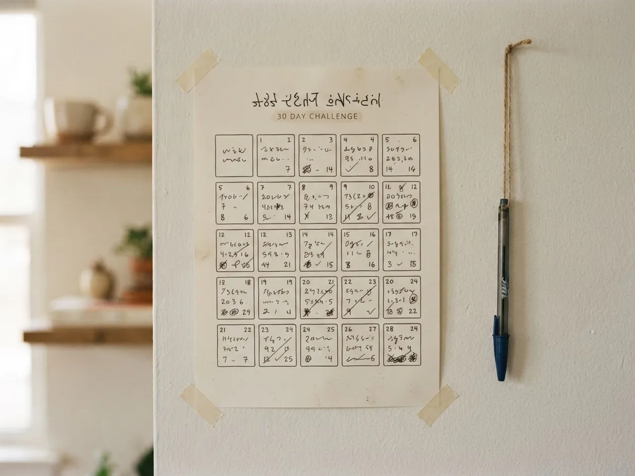 A printed 30-day chart on the wall with seconds written into each box