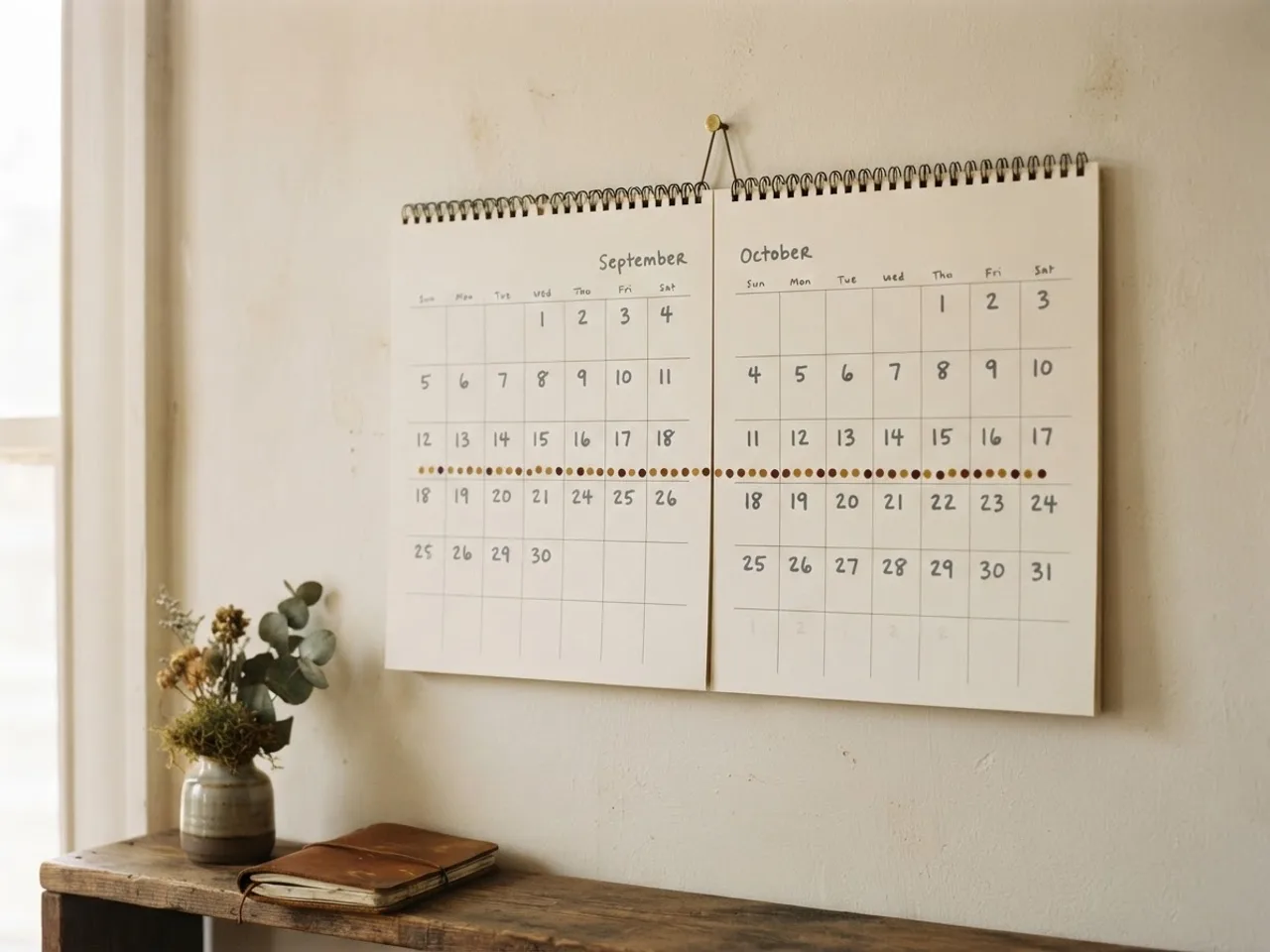 A wall calendar with two months visible and a run of days marked in ink