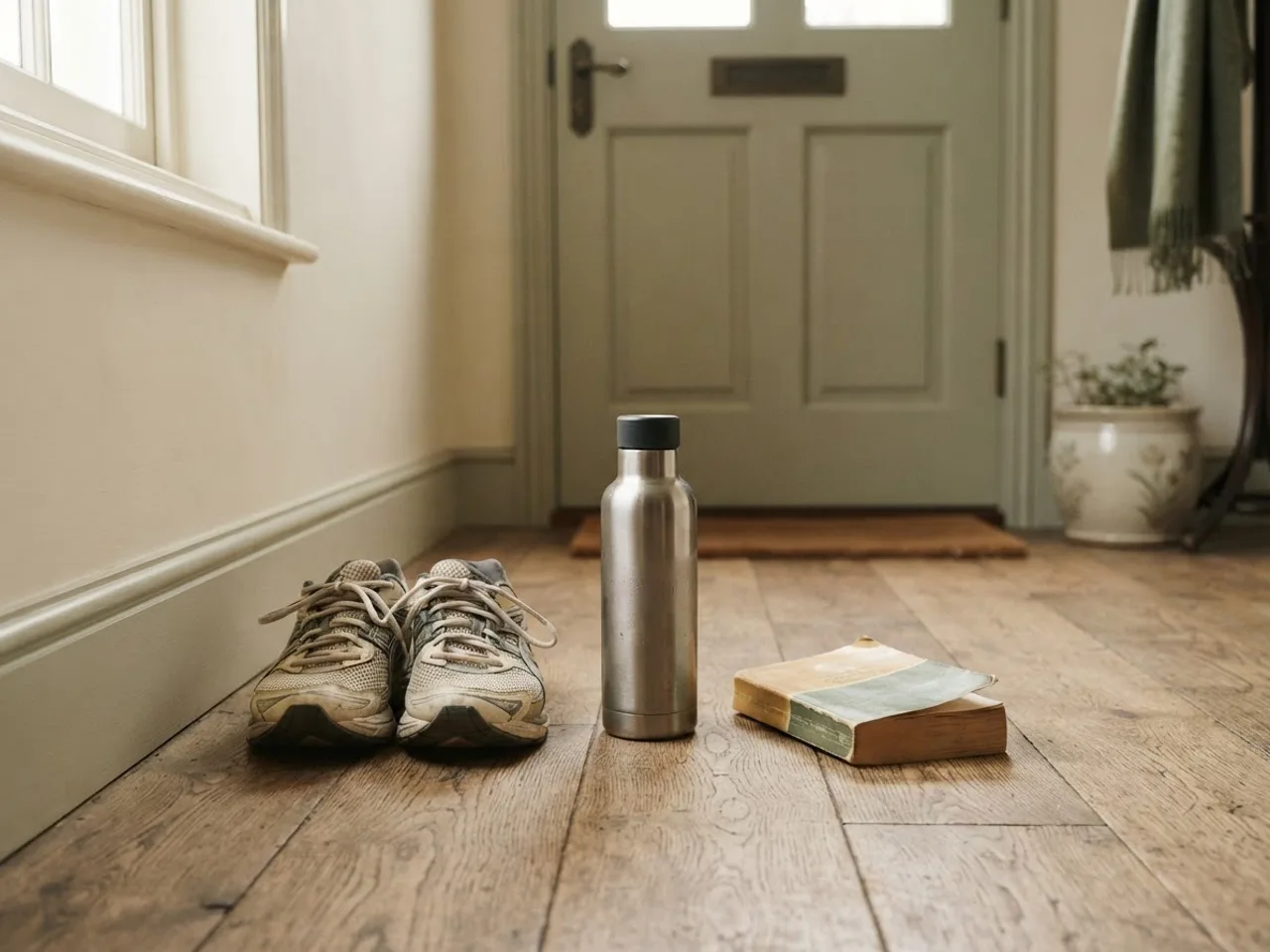 Running shoes, a water bottle and a book lined up by a door in the morning