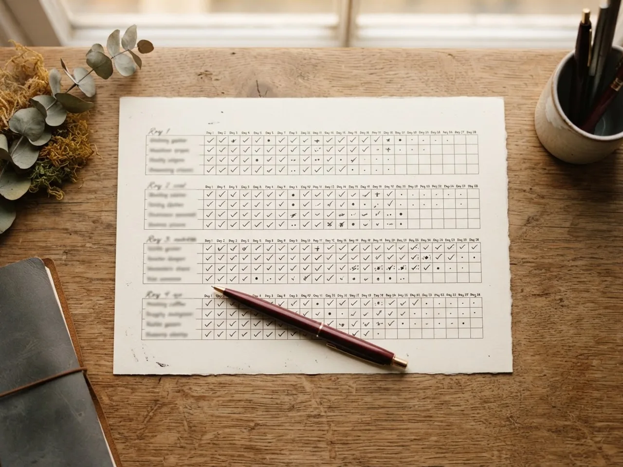 A printed challenge sheet with rows of rules and daily boxes, most ticked