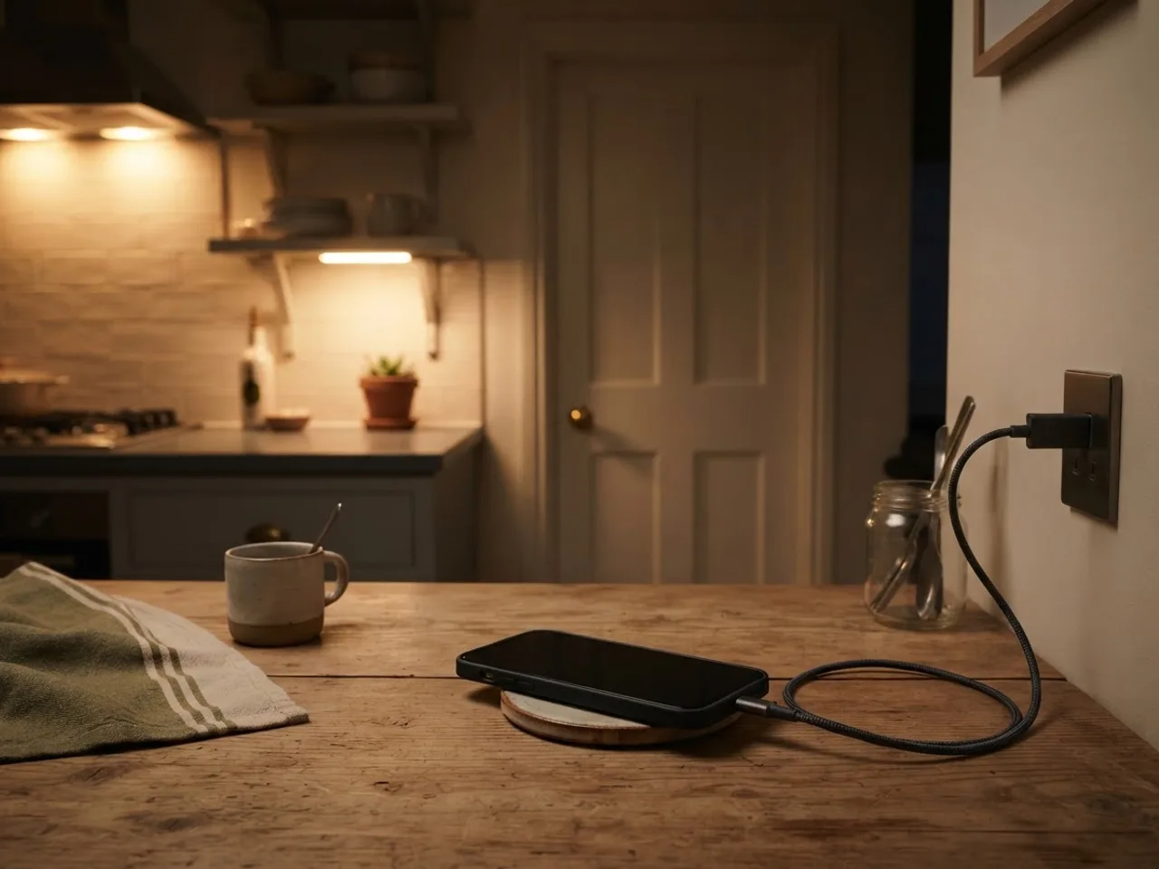 A phone charging on a kitchen counter at night while the bedroom door is closed in the background