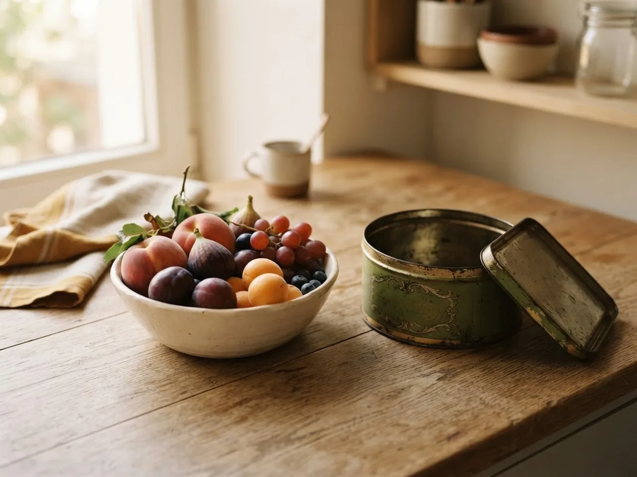 A bowl of fruit next to an empty biscuit tin on a counter