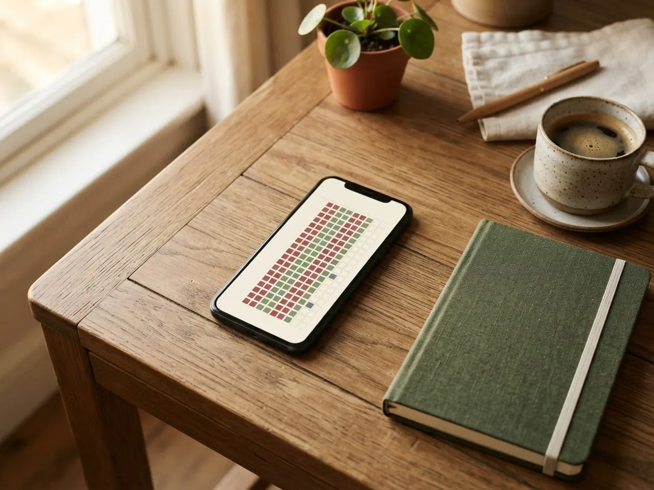 A phone on a desk showing a habit grid with coloured squares next to a notebook and coffee