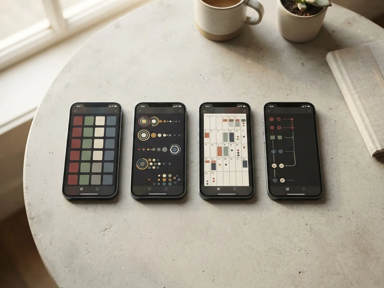 Several phones side by side on a table, each showing a different habit tracking layout