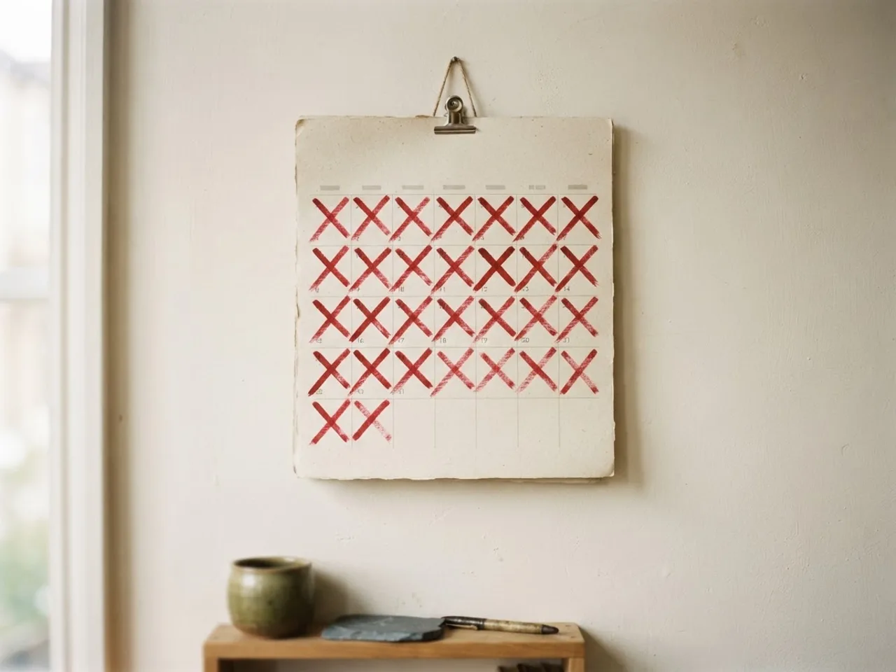 A wall calendar with a chain of crossed-off days in red ink