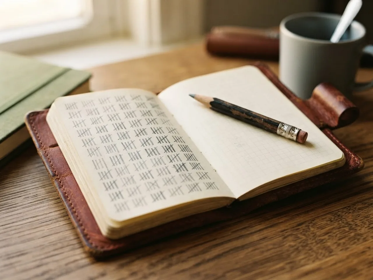 A close-up of a pocket notebook with tally marks grouped in fives