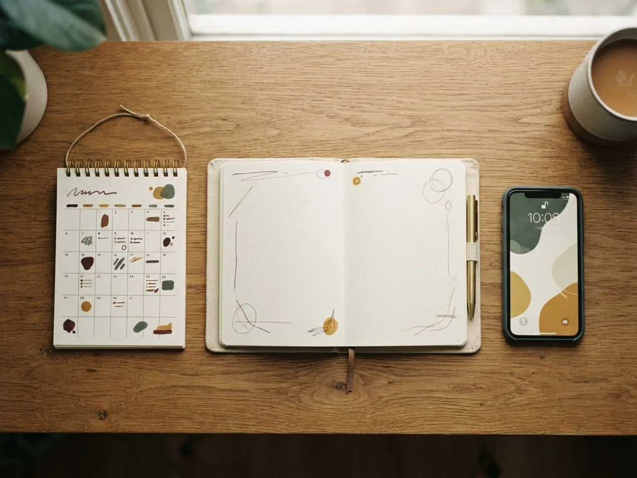 A wall calendar, a notebook and a phone side by side, three ways to track for free