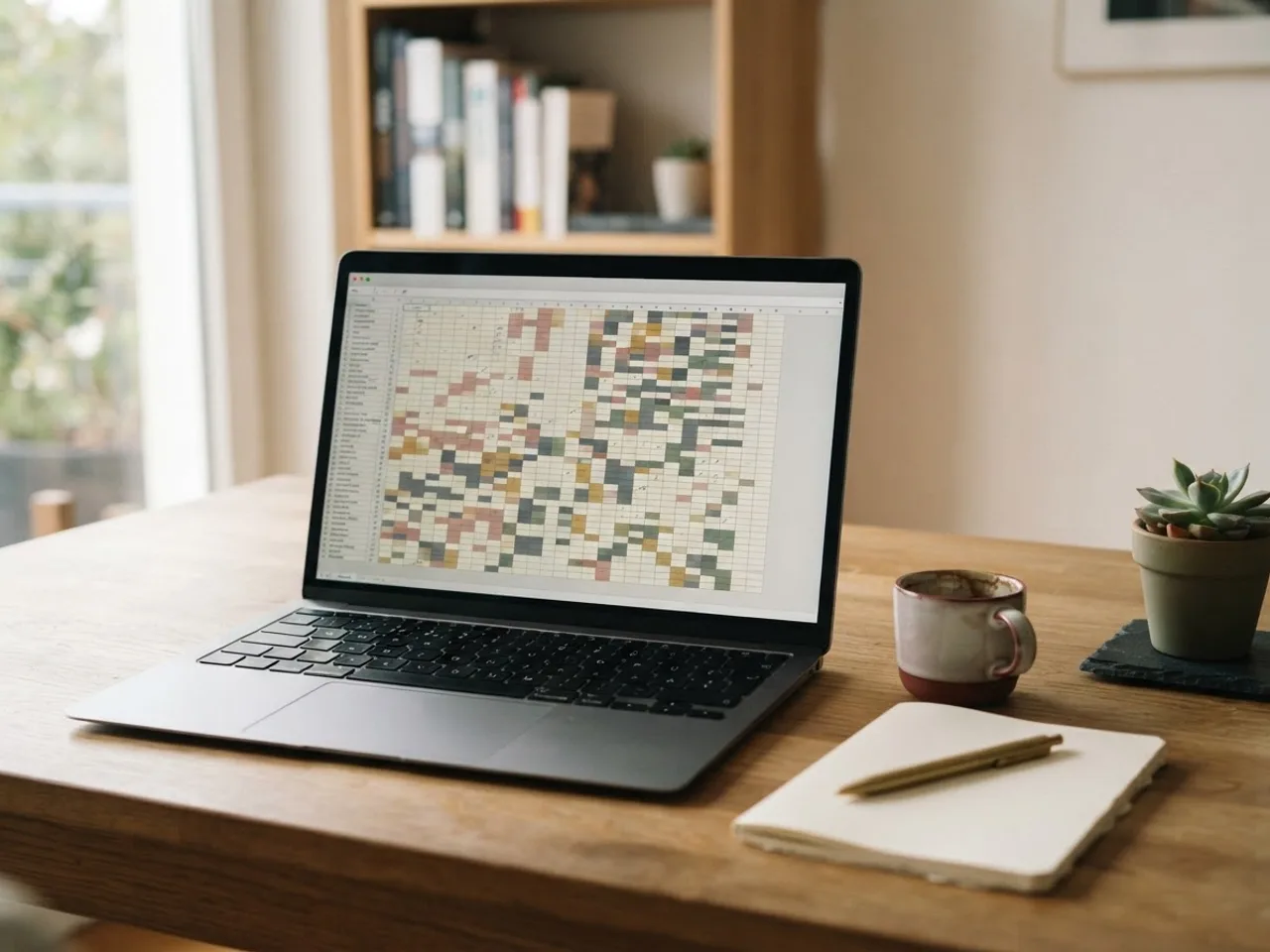 A laptop on a desk showing a spreadsheet grid with coloured cells forming a habit tracker