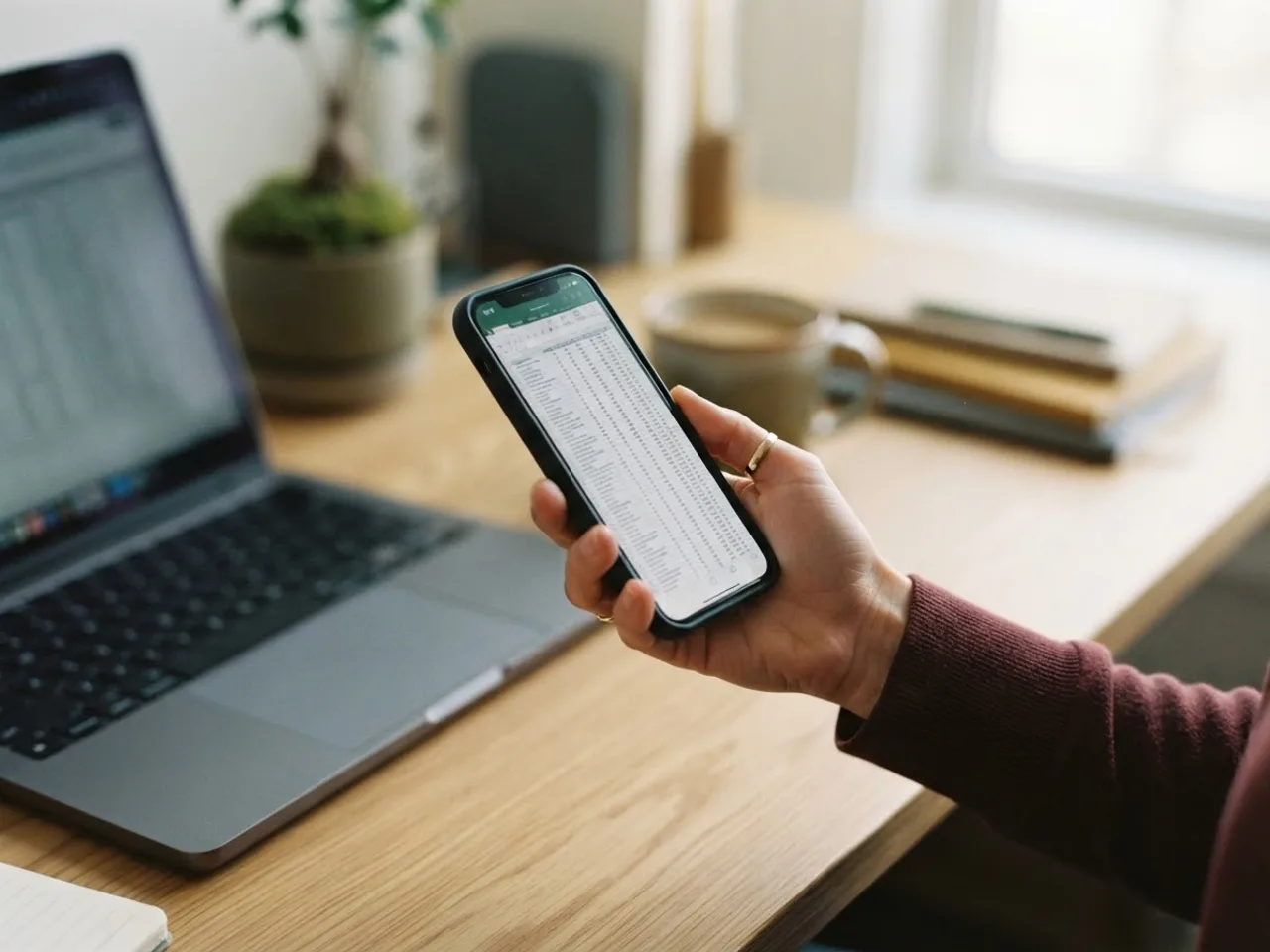 A phone held in one hand showing a spreadsheet, a laptop blurred in the background