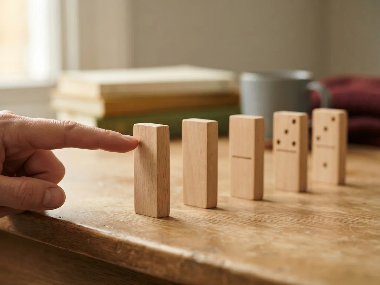 A row of dominoes standing on a desk, the first one being tipped by a finger