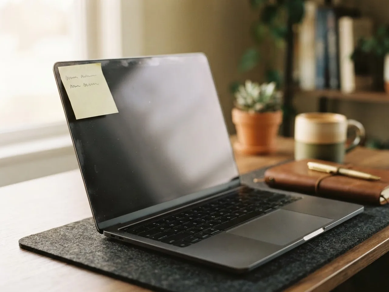 A sticky note with a short handwritten formula stuck to the edge of a laptop screen