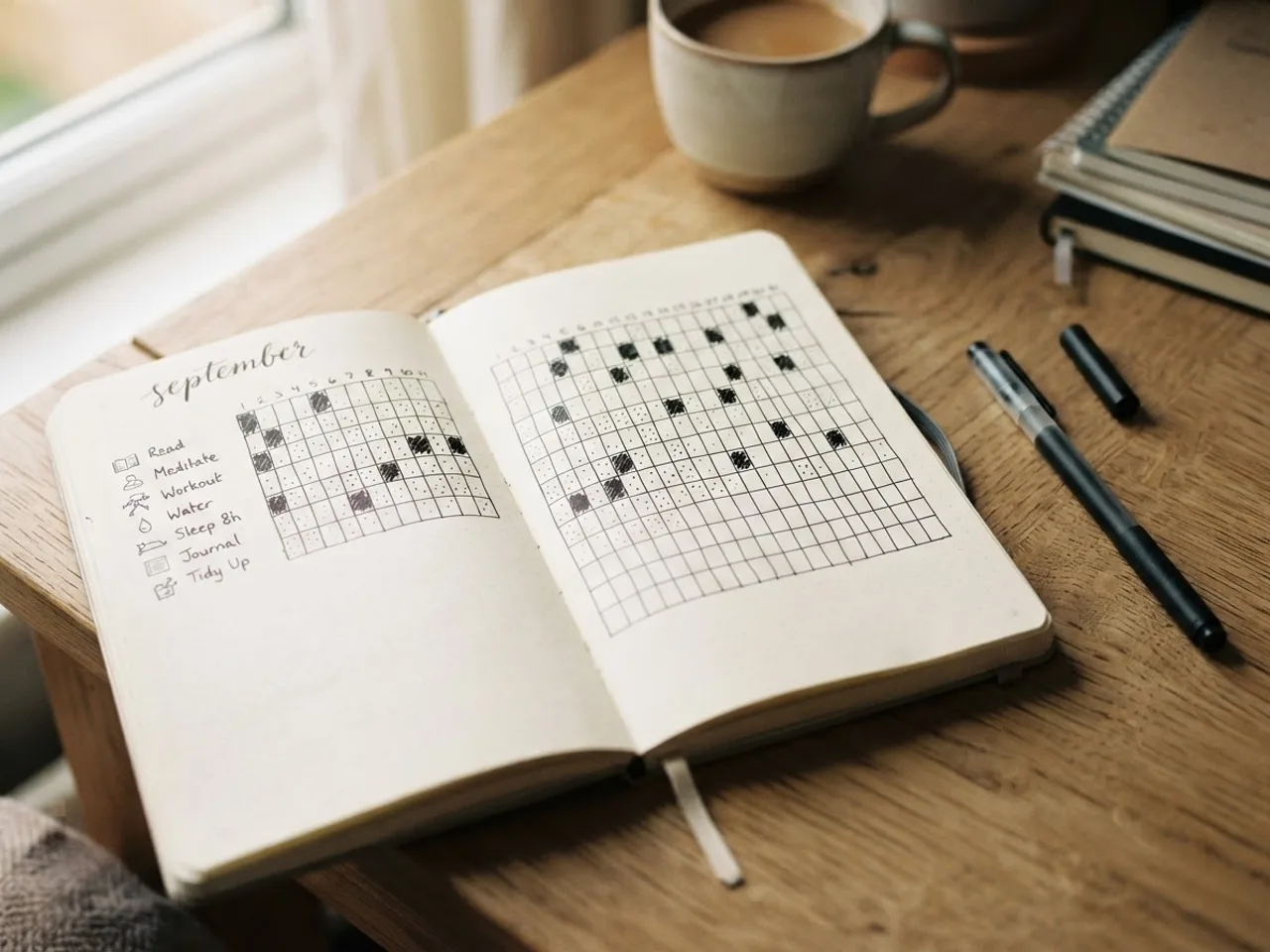 An open dot-grid bullet journal with a hand-drawn monthly habit grid, some boxes filled