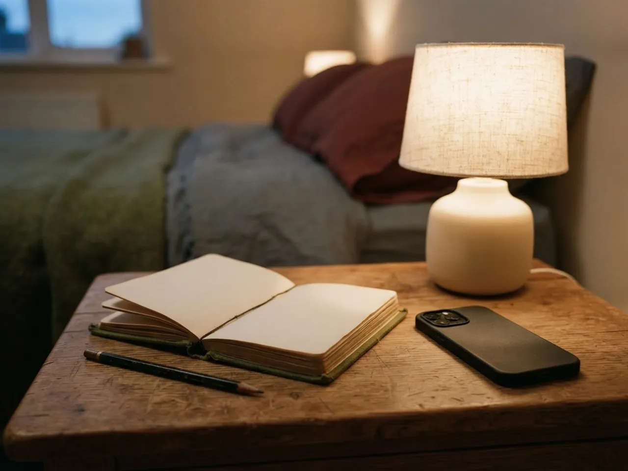 A notebook open on a nightstand next to a lamp and a phone face down