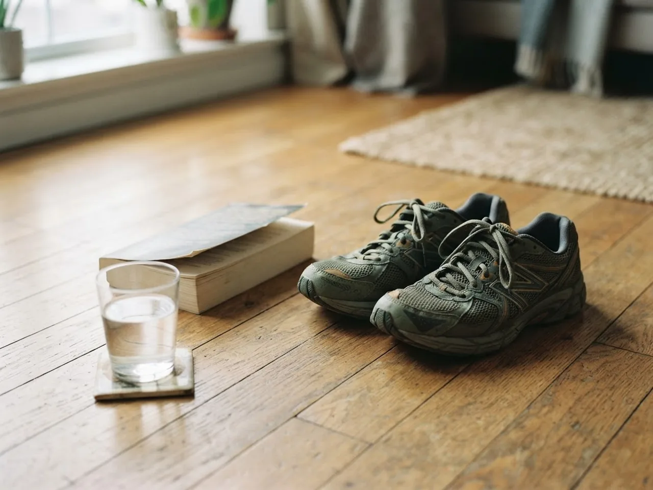 A glass of water, a book and running shoes arranged on a wooden floor in morning light