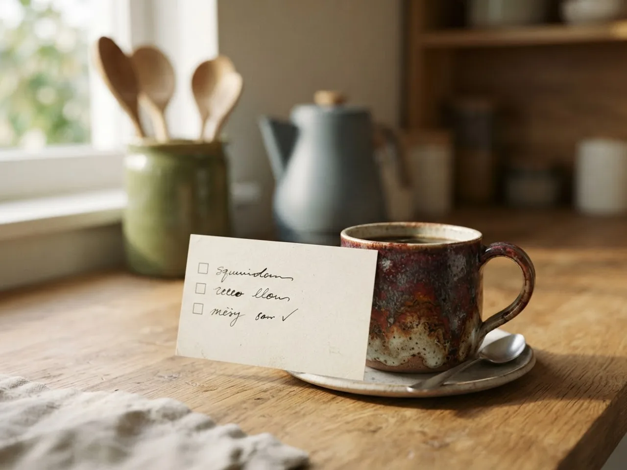 A handwritten list of three habits on a small card propped against a coffee mug