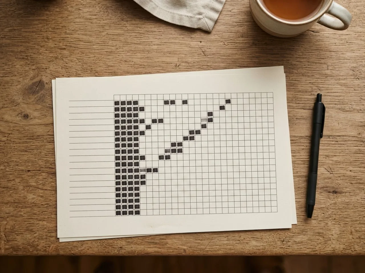 A printed monthly habit tracker sheet on a kitchen table with a pen, several boxes filled in