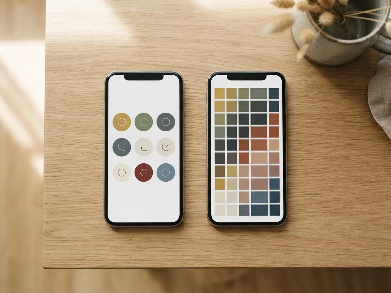 Two phones side by side, one showing circular habit icons and the other a grid of squares