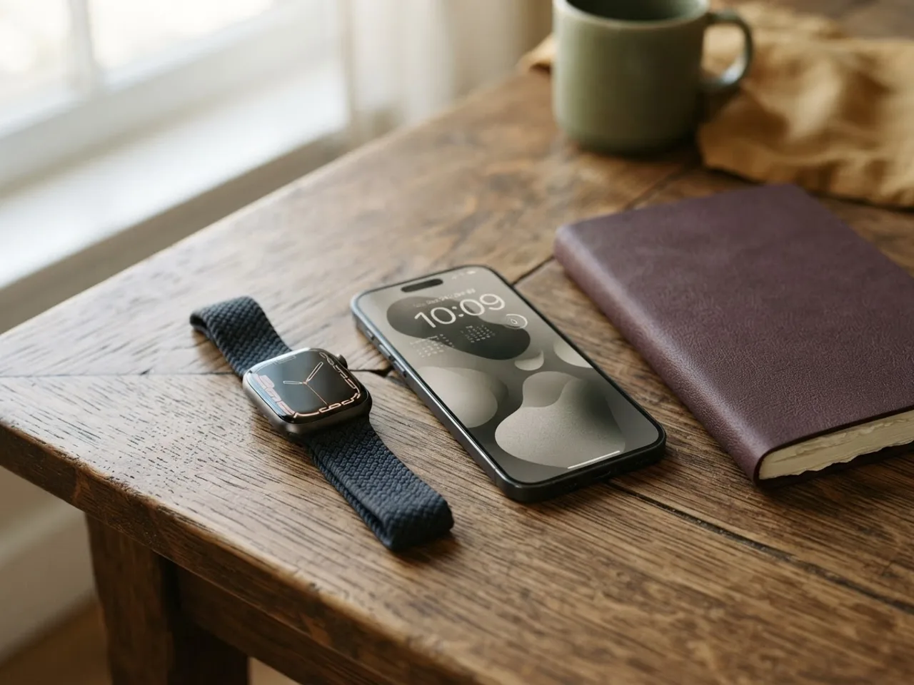 An Apple Watch and an Android phone lying together on a desk