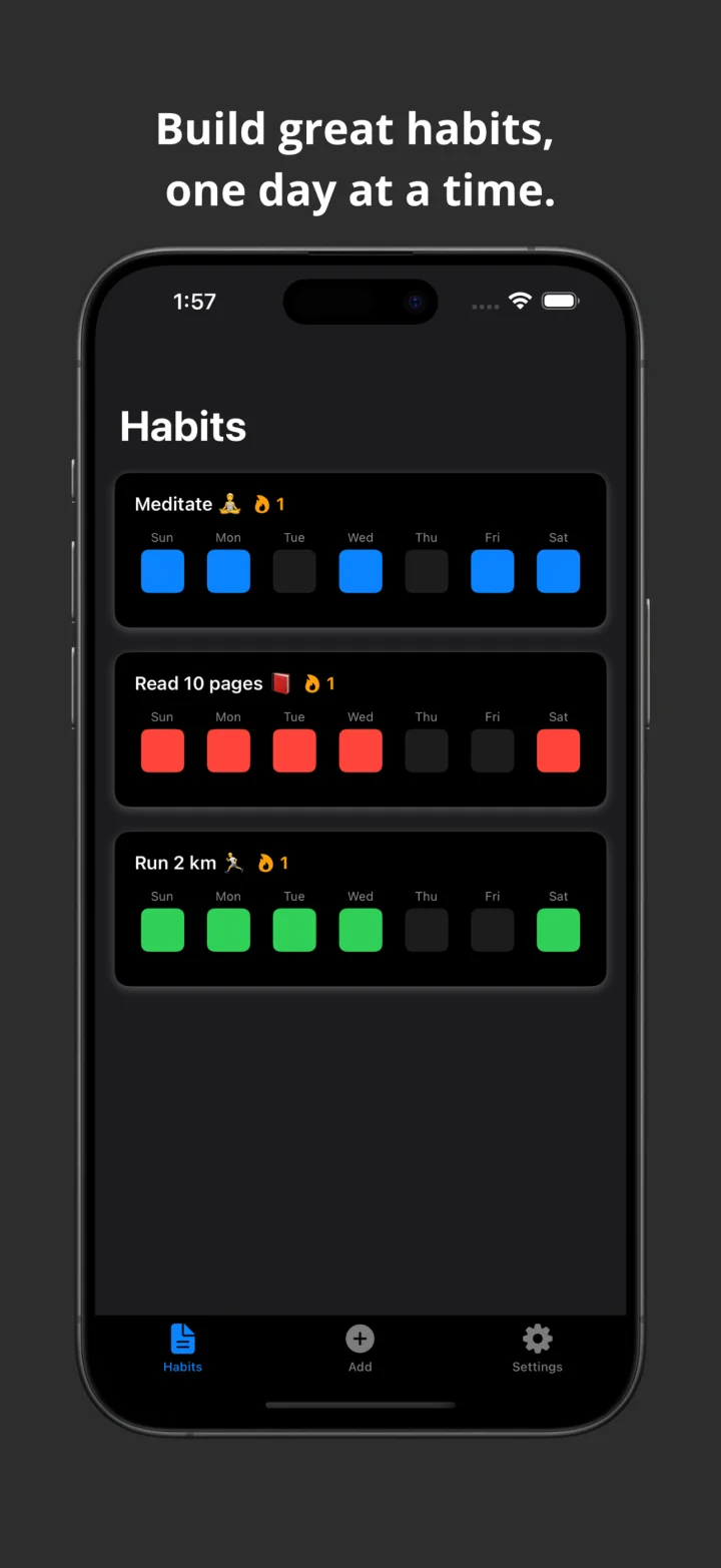 Virtue home screen: three habits, each with a seven-day row of coloured squares and a streak counter