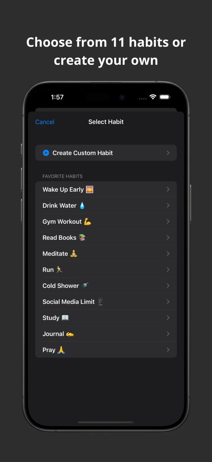 Virtue habit picker with eleven preset habits such as wake up early, drink water, gym workout and meditate, plus a custom habit option
