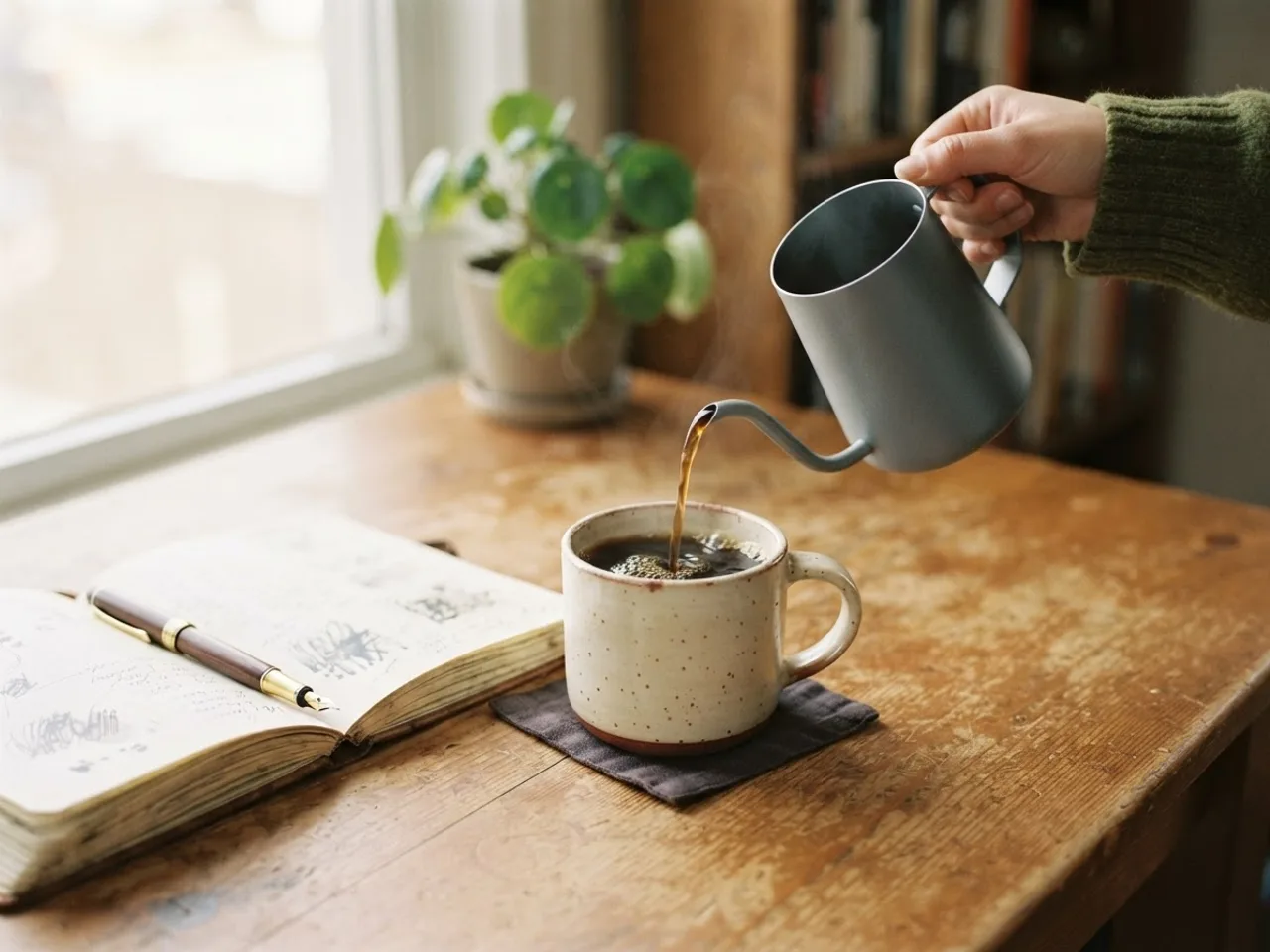 A coffee being poured next to an open journal with a pen, early morning