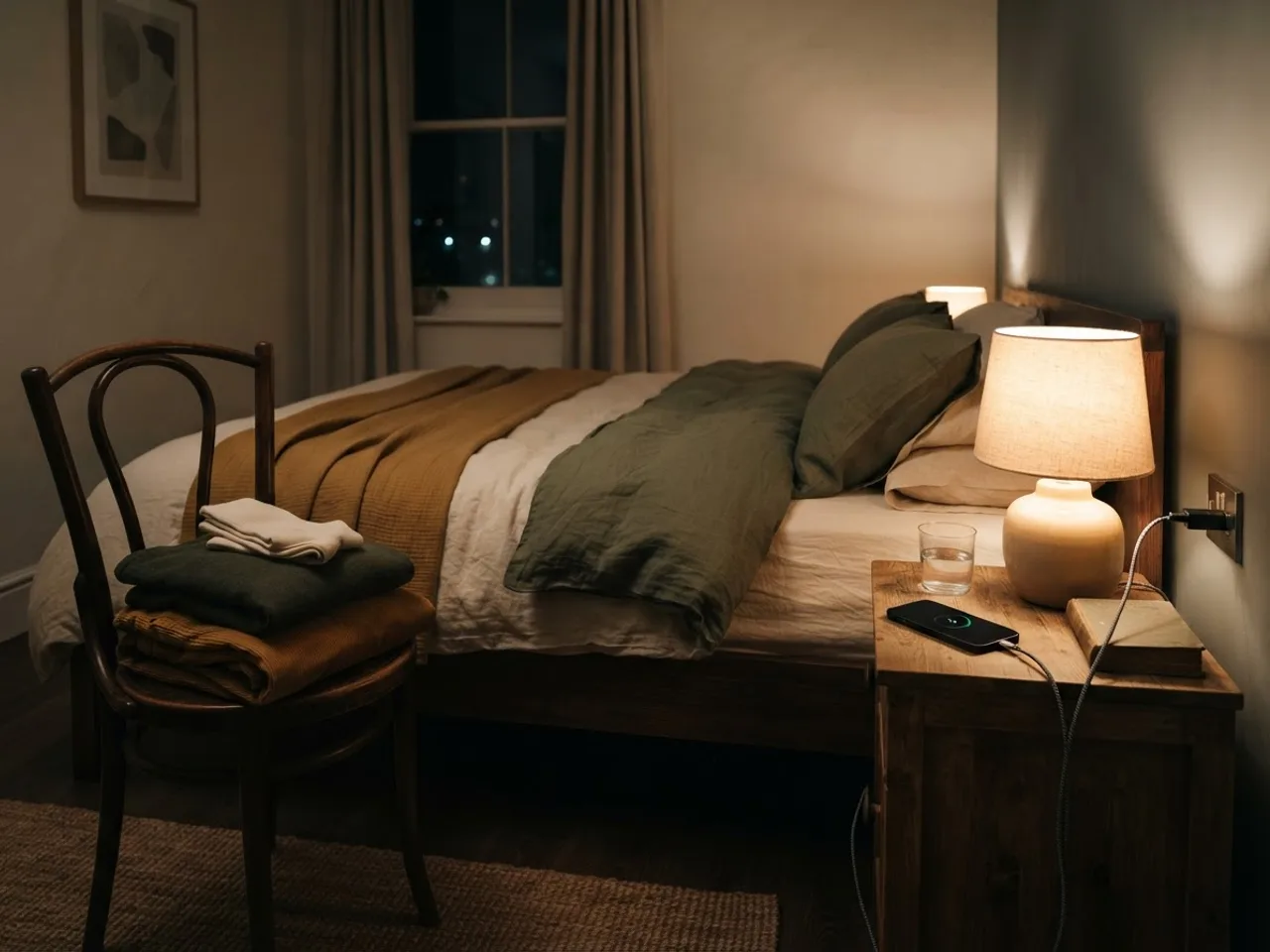 A phone on a charger beside a folded set of clothes on a chair